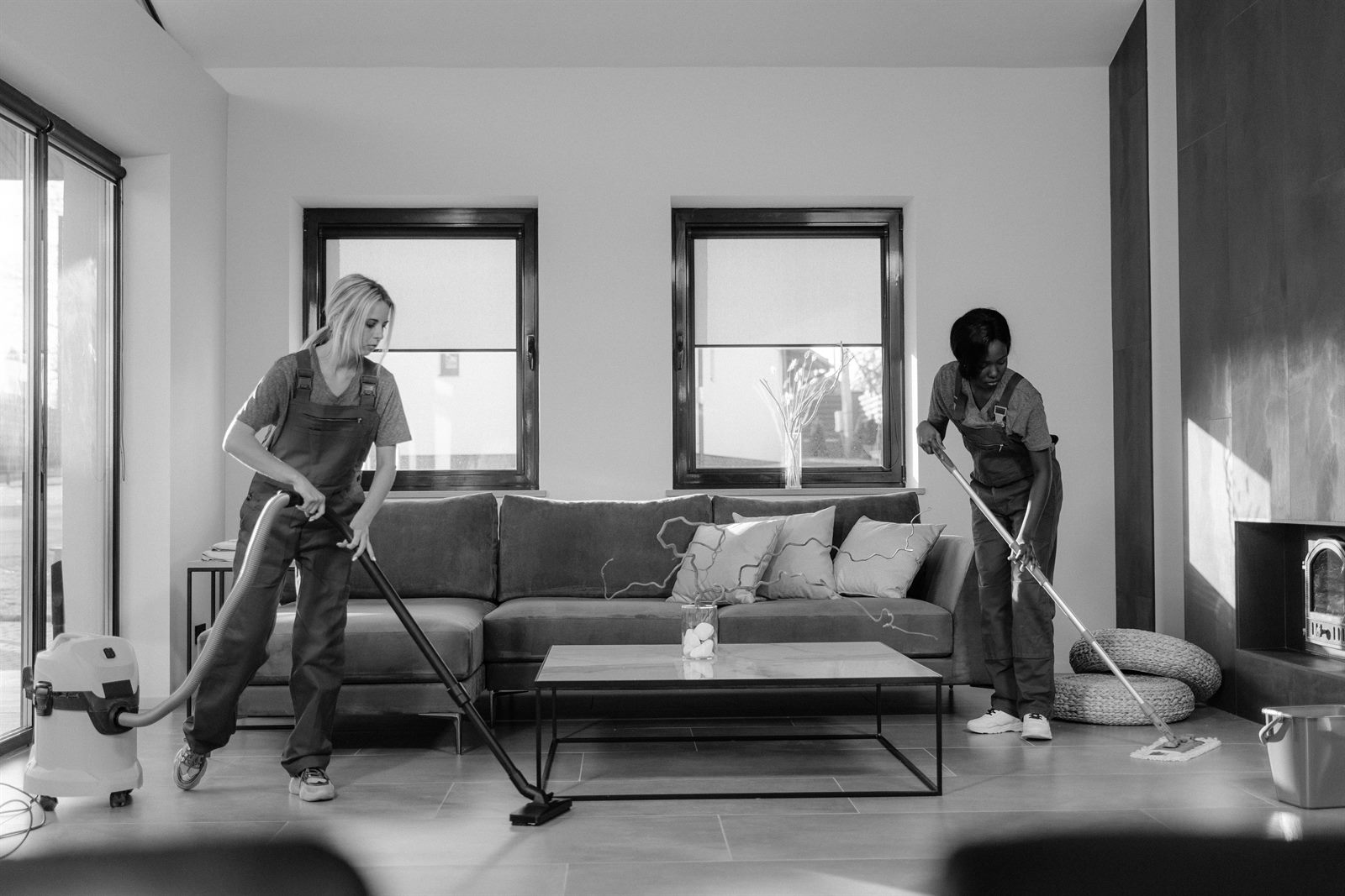 M-Pac Cleaning team vacuuming and mopping a living room during a turnover clean